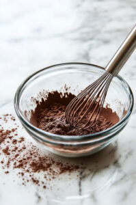 This image shows cocoa powder and sugar being stirred into the warmed milk, dissolving completely to create a smooth mixture.