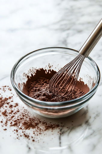 This image shows cocoa powder and sugar being stirred into the warmed milk, dissolving completely to create a smooth mixture.