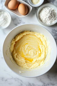 This image shows another bowl with flour, sugar, baking powder, baking soda, and salt being whisked to combine the dry ingredients.