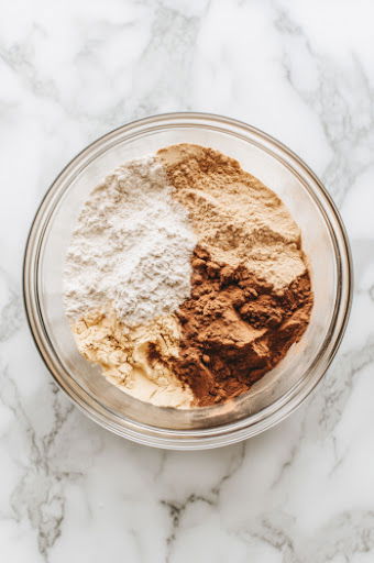 This image shows flour, baking powder, baking soda, cinnamon, pumpkin pie spice, ginger, and salt being mixed together in a large bowl.