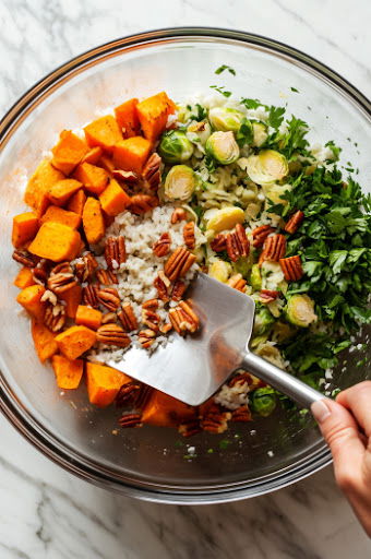 This image shows roasted sweet potatoes, shallots, Brussels sprouts, cranberries, pecans, and parsley being added to the warm rice and gently tossed together