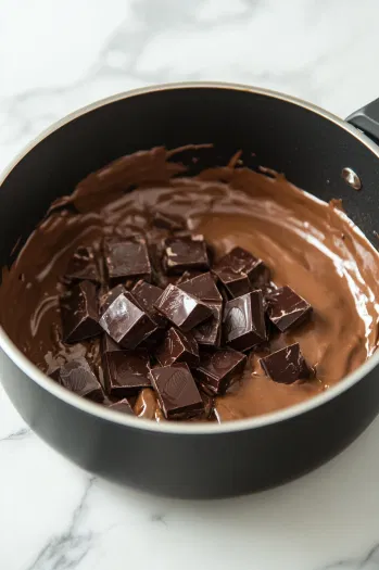 Mini marshmallows and chunks of crushed digestive biscuits are being added to the melted chocolate mixture. A spoon stirs the ingredients in a large glass bowl on the white marble cooktop, ensuring everything is well coated in chocolate