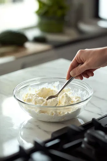 Ricotta, mozzarella, and Parmesan cheeses are mixed together in a small glass bowl on the white marble cooktop. A spoon stirs the cheeses, forming a creamy mixture ready for serving.