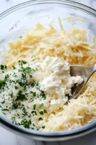 Ricotta cheese, half of the shredded mozzarella, half of the Parmesan, beaten eggs, dried parsley, salt, and pepper are combined in a large glass bowl on the white marble cooktop. A spoon mixes the ingredients until smooth.