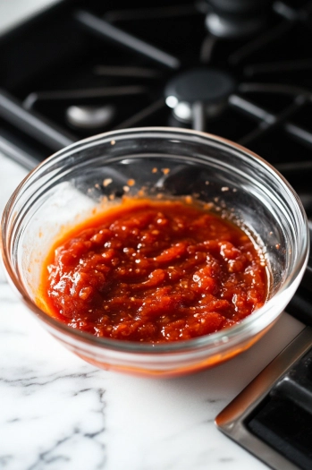 A small glass bowl on the white marble cooktop where mayonnaise and ketchup are being mixed until smooth, creating a sauce for the burgers.