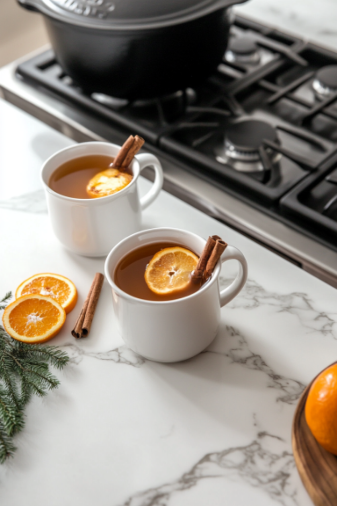 The image shows glass filled with mulled apple cider ready to serve