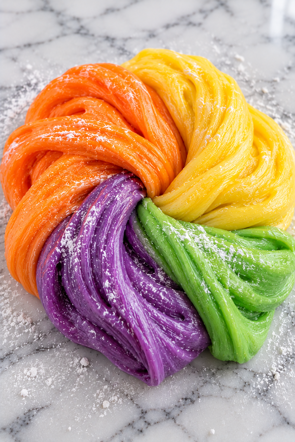 Once all four slime colors have cooled enough to handle, place the orange, yellow, purple, and green portions together