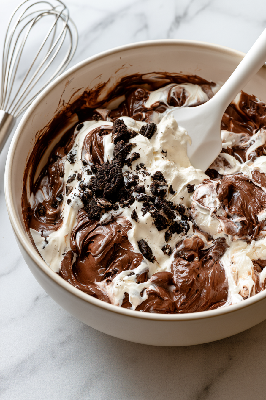 Once set, fold in the Cool Whip until mostly mixed, then add the crushed cookies