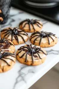 The completed spider cookies are displayed on the white marble cooktop, allowing the frosting to set before serving. The cookies are spooky and ready to be enjoyed!