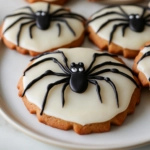 The completed spider cookies are displayed on the white marble cooktop, allowing the frosting to set before serving. The cookies are spooky and ready to be enjoyed!