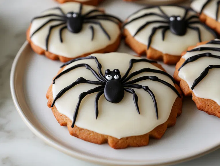 The completed spider cookies are displayed on the white marble cooktop, allowing the frosting to set before serving. The cookies are spooky and ready to be enjoyed!