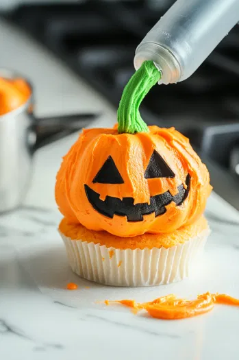 Orange buttercream is piped in bands from the bottom to the top of a cupcake on the white marble cooktop. A green stem and black face are added for a pumpkin design.