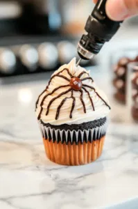 A cupcake with a white buttercream base is piped on the white marble cooktop. A black swirl creates a spiderweb design, with brown M&M’s added for the spider’s body and head. Frozen chocolate legs are carefully attached.