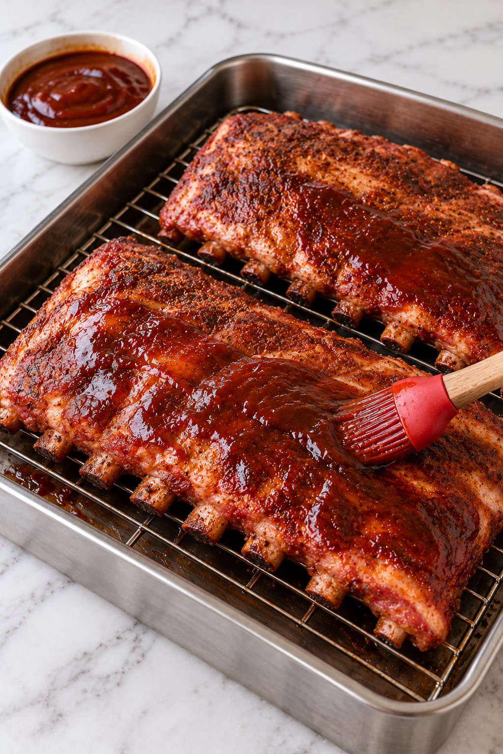 Place the seasoned ribs on a rack inside a roasting pan and generously brush them with the keto BBQ sauce