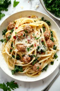 This image shows the final dish plated with spaghetti, sausage, and sauce, topped with fresh Parmesan cheese and garnished with torn basil or parsley.]