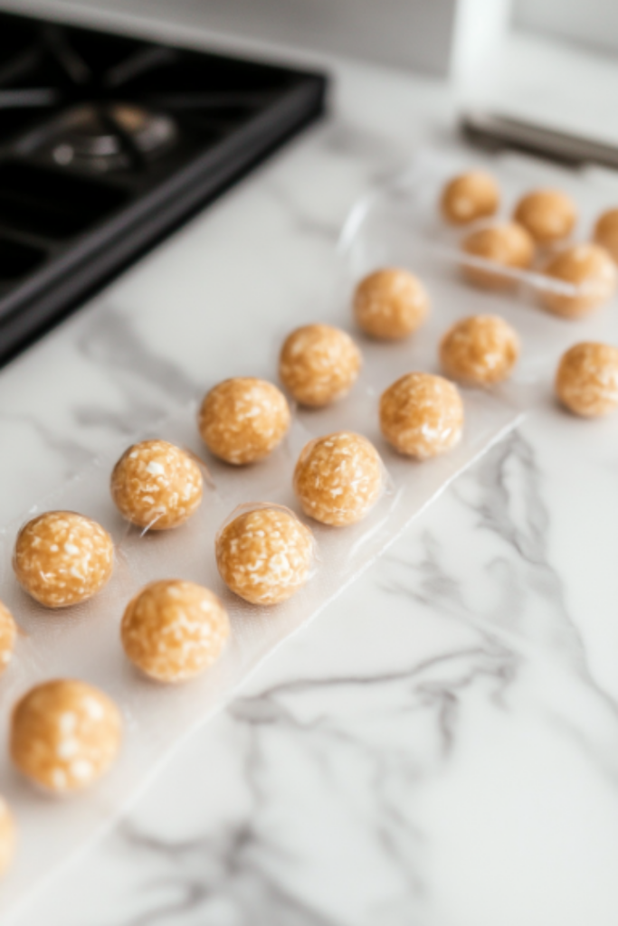 The popcorn balls cool completely on the white marble cooktop, ready to be wrapped individually in plastic wrap for storage. The golden, crispy popcorn balls are perfectly formed and ready to enjoy.