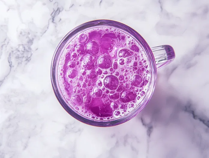 The completed grape lemonade drink, served in the glass cup over the white marble cooktop. The fizzy purple drink is ready to be enjoyed, with bubbles gently rising to the surface.