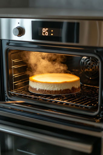 This image shows the cheesecake being baked for about 1 hour, with the center slightly wobbly.