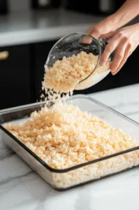 The Rice Krispies mixture is being poured from the black saucepan into the glass baking pan on the white marble cooktop. Hands sprayed with cooking spray press the mixture evenly into the pan.