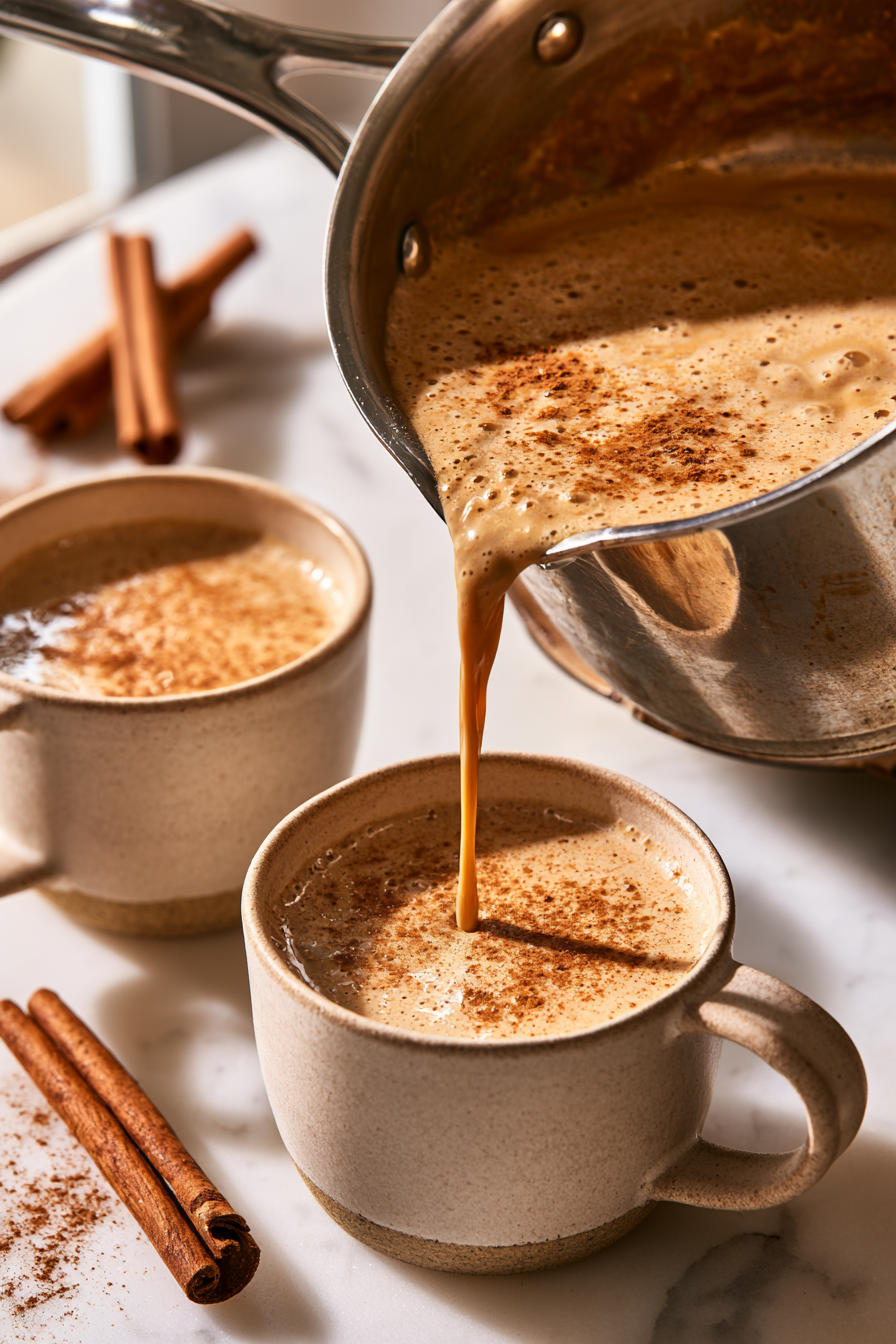 Pour the pumpkin latte mixture evenly into two mugs