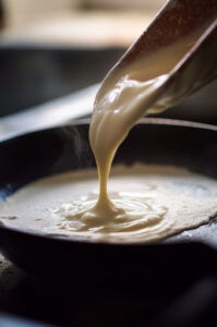 This image shows batter being poured from a measuring cup onto a heated pan, forming a pancake. The batter spreads out into a circular shape.