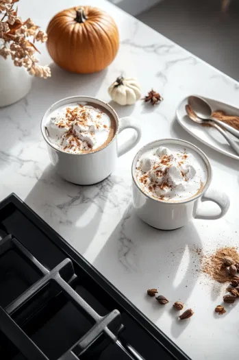 Two mugs of pumpkin latte topped with whipped cream and a light sprinkle of pumpkin pie spice. The scene showcases the inviting presentation of the latte, with the whipped cream adding a final touch of indulgence.