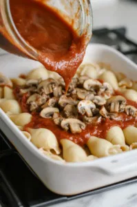 The mushroom and pasta sauce mixture is poured evenly over the stuffed shells in the baking dish. The dish, filled with sauce, rests on the white marble cooktop, ready for the oven.