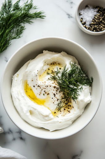 This image shows cream cheese and yogurt being mixed until smooth, followed by dill, garlic powder, onion powder, salt, and pepper being stirred in.