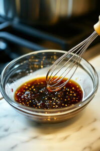 This image shows a small bowl with walnut oil, jam, vinegar, salt, and pepper being whisked together to create a dressing.