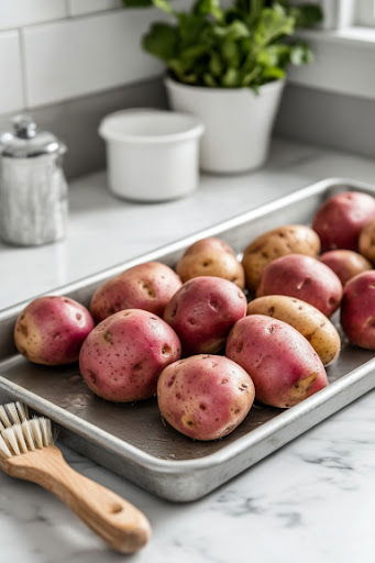 This image shows potatoes being scrubbed clean.