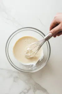 A medium glass bowl on the white marble cooktop where chocolate pudding mix is being whisked with milk until dissolved. The pudding is ready to be placed in the fridge to set for 10 minutes