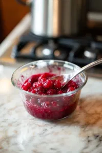 A 4-cup measuring cup on the white marble cooktop, filled with thawed raspberries and cranberry juice. The mixture is being stirred, ready to be used for the frozen hand