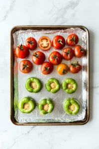 This image shows raw tomatillos being halved and placed cut-side down along with roma tomato halves on a foil-lined baking sheet.