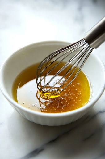 This image shows a small bowl with canola oil, maple syrup, maple flavoring, and salt being mixed together until smooth.