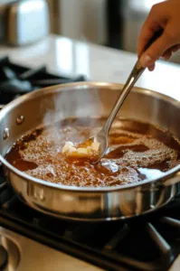 A heavy 2-quart saucepan sits on the white marble cooktop as sugar, corn syrup, unsalted butter, and salt are stirred together. The mixture is boiling gently over medium heat, with a spoon stirring constantly to combine the ingredients for 2 minutes.