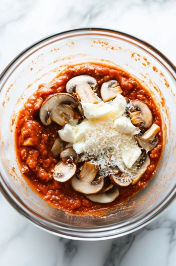 Pasta sauce is mixed with fresh sliced mushrooms, mozzarella, and Parmesan in a medium glass bowl on the white marble cooktop, creating a rich, cheesy sauce.