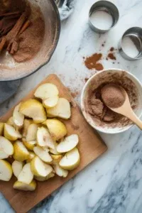 This image shows peeled, cored, and sliced pears in a large mixing bowl, coated with brown sugar, cinnamon, ginger, and cornstarch