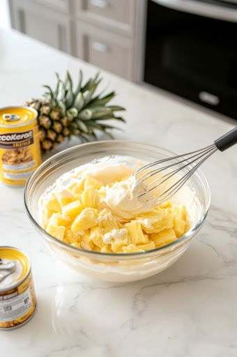 This image shows a large bowl with dry pudding mix, Cool Whip, and crushed pineapple being combined to make the topping.