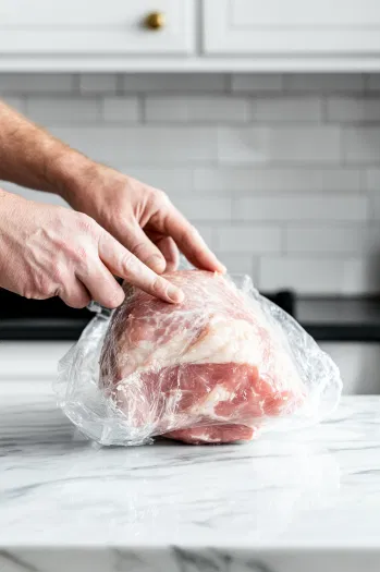 This image shows a pork shoulder being massaged with kosher salt and pork seasoning, ready to be wrapped in plastic wrap for marinating.