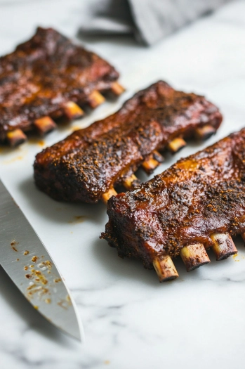 Two slabs of pork spare ribs rest on the white marble cooktop. A steak knife is carefully used to remove the thin white membrane from the bone side of the ribs. Keto rib rub is being massaged into the meat, preparing it to rest for 1 hour or overnight.