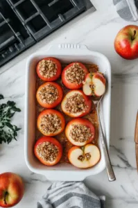 This image shows the stuffed apples placed in a baking dish, ready to be baked with water poured into the bottom of the dish.