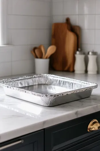 A 9x13-inch baking pan lined with foil, lightly greased, rests on the white marble cooktop, ready for the graham cracker crust.