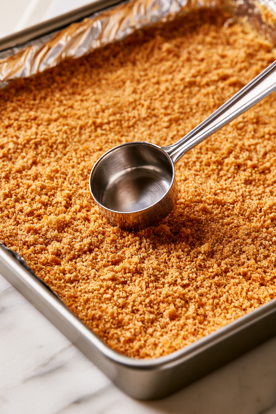 Press the mixture evenly into the bottom of the prepared pan, using the back of a measuring cup to compact it