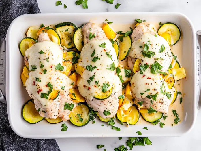 This image shows beautifully baked chicken breasts stuffed with vibrant slices of zucchini, yellow squash, red onion, and tomato, topped with melted mozzarella cheese, and garnished with fresh parsley.