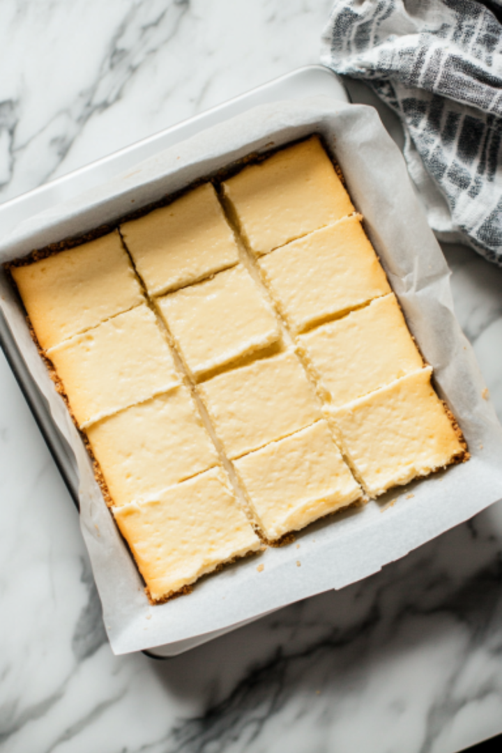 The fully cooled cheesecake sits in the fridge on the white marble cooktop, chilling for several hours to set firmly before serving.