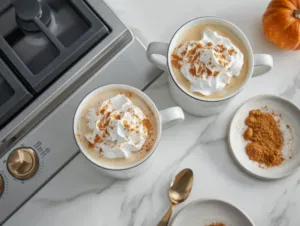 The image shows glass filled with pumpkin spiced latte ready to serve