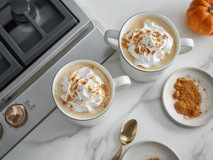 Two mugs of pumpkin latte topped with whipped cream and a light sprinkle of pumpkin pie spice. The scene showcases the inviting presentation of the latte, with the whipped cream adding a final touch of indulgence.