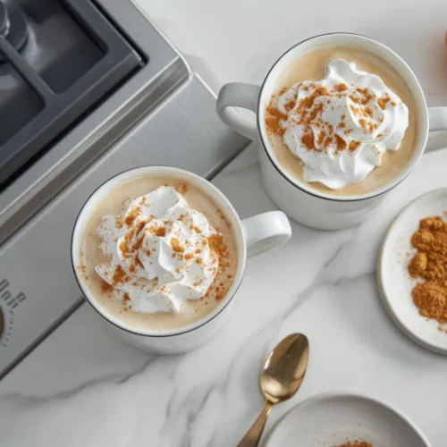 Two mugs of pumpkin latte topped with whipped cream and a light sprinkle of pumpkin pie spice. The scene showcases the inviting presentation of the latte, with the whipped cream adding a final touch of indulgence.