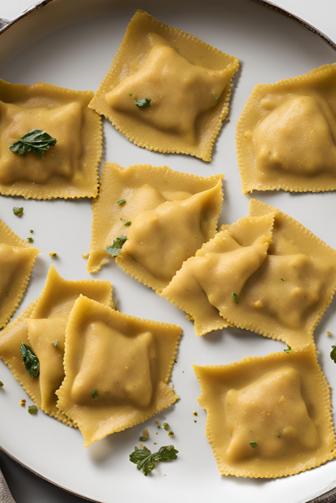 The image shows pumpkin ravioli ready to serve