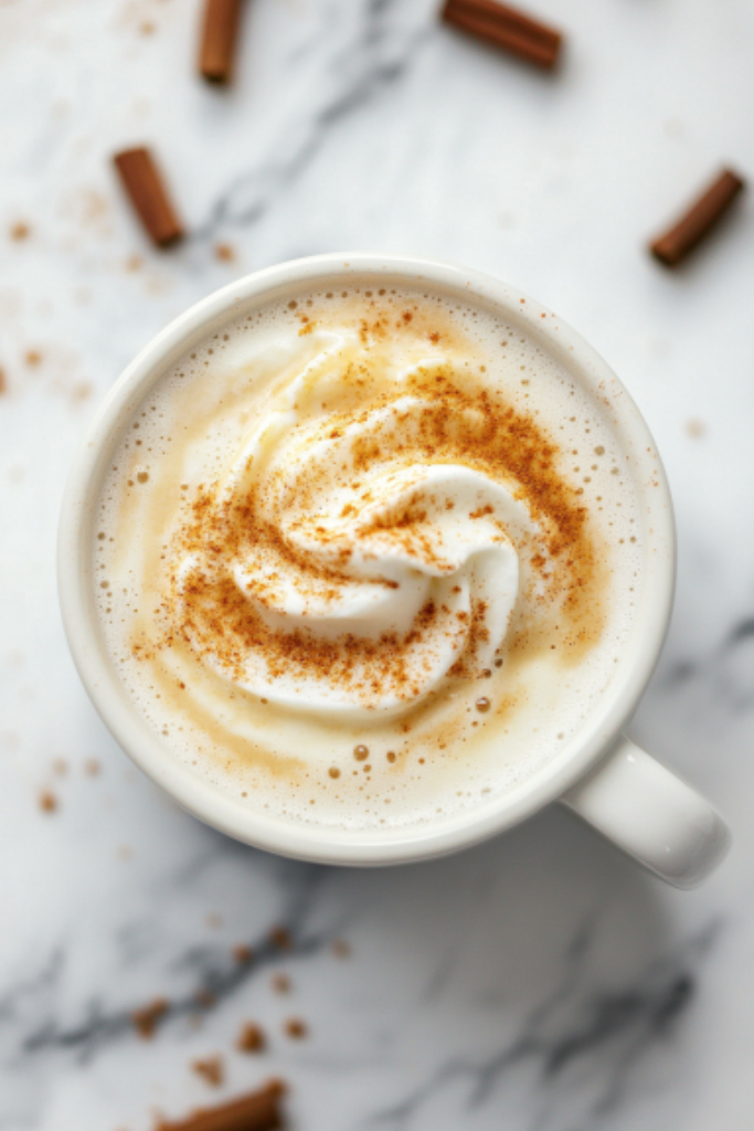 The image shows glass filled with pumpkin spiced latte ready to serve